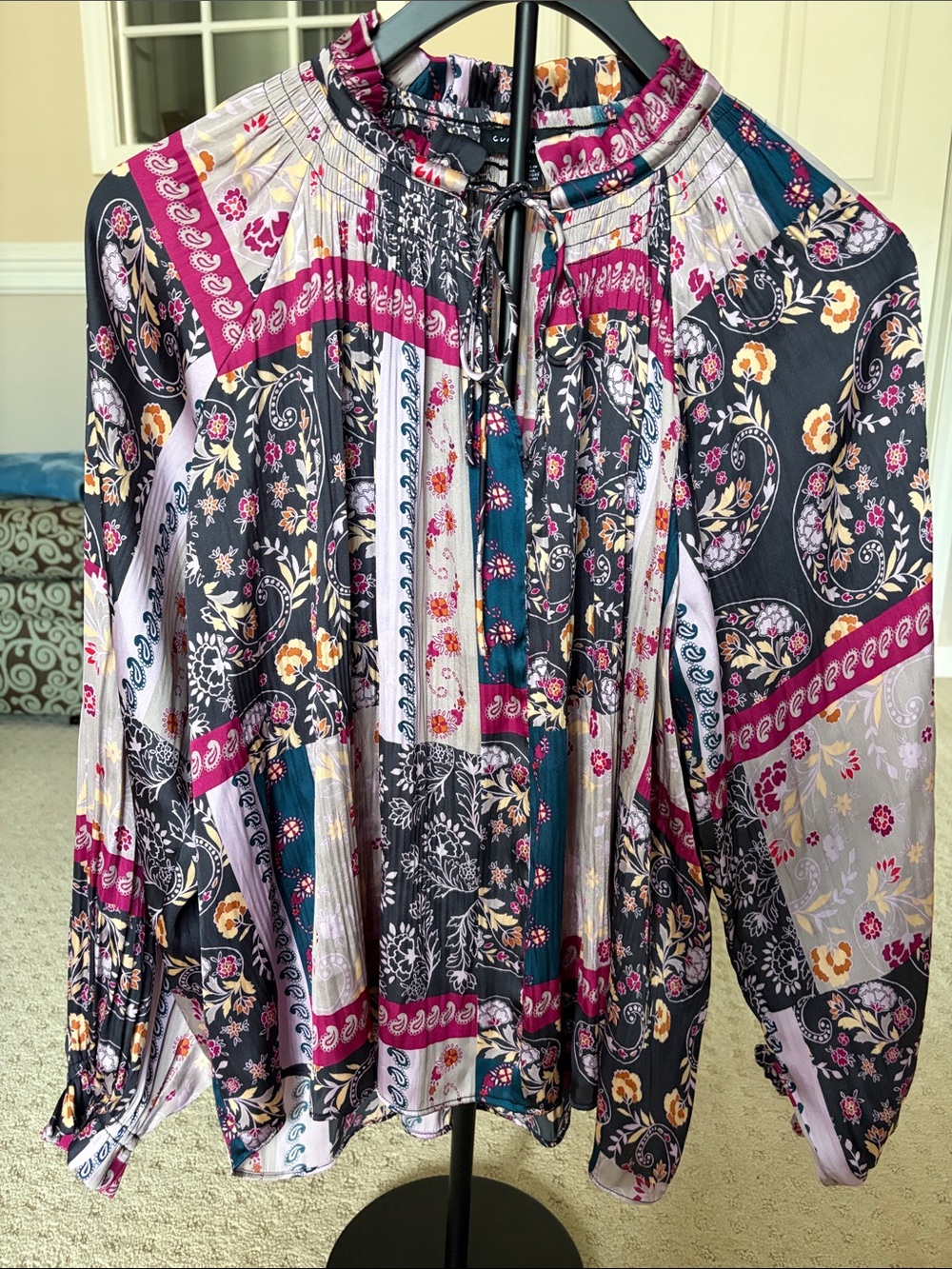 Current Air Floral Patchwork Peasant Blouse - Magenta, Navy & Cream